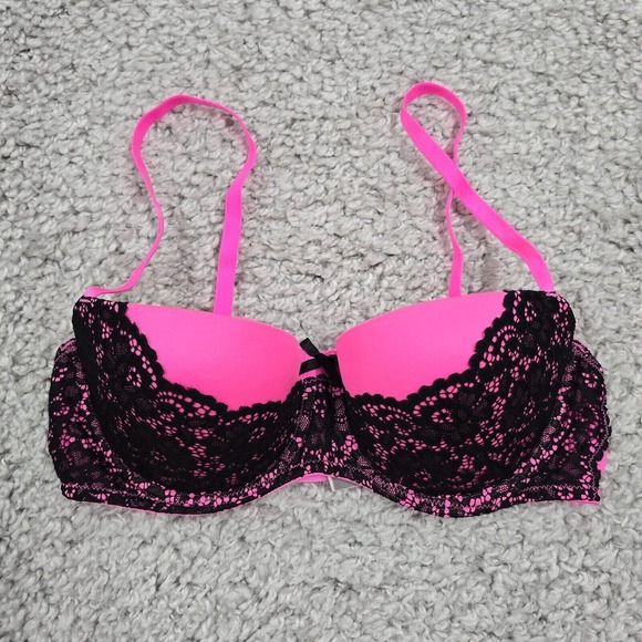 Victorias Secret Balconette Bra 34C Underwire Pink Lace Padded Y2K Coquette - Picture 2 of 11